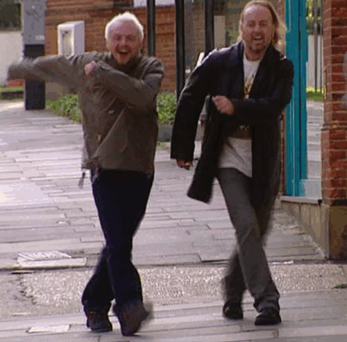 Pegg-Bailey-Happy-Dance-As-They-Walk-Down-The-Street-In-Spaced.gif